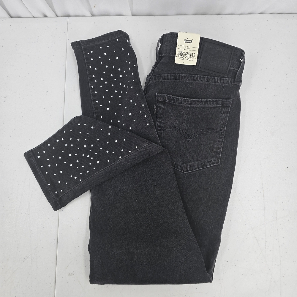 NWT Levi's Premium 721 Jeans Black High Rise Skinny Embellishments On Leg 29x28.